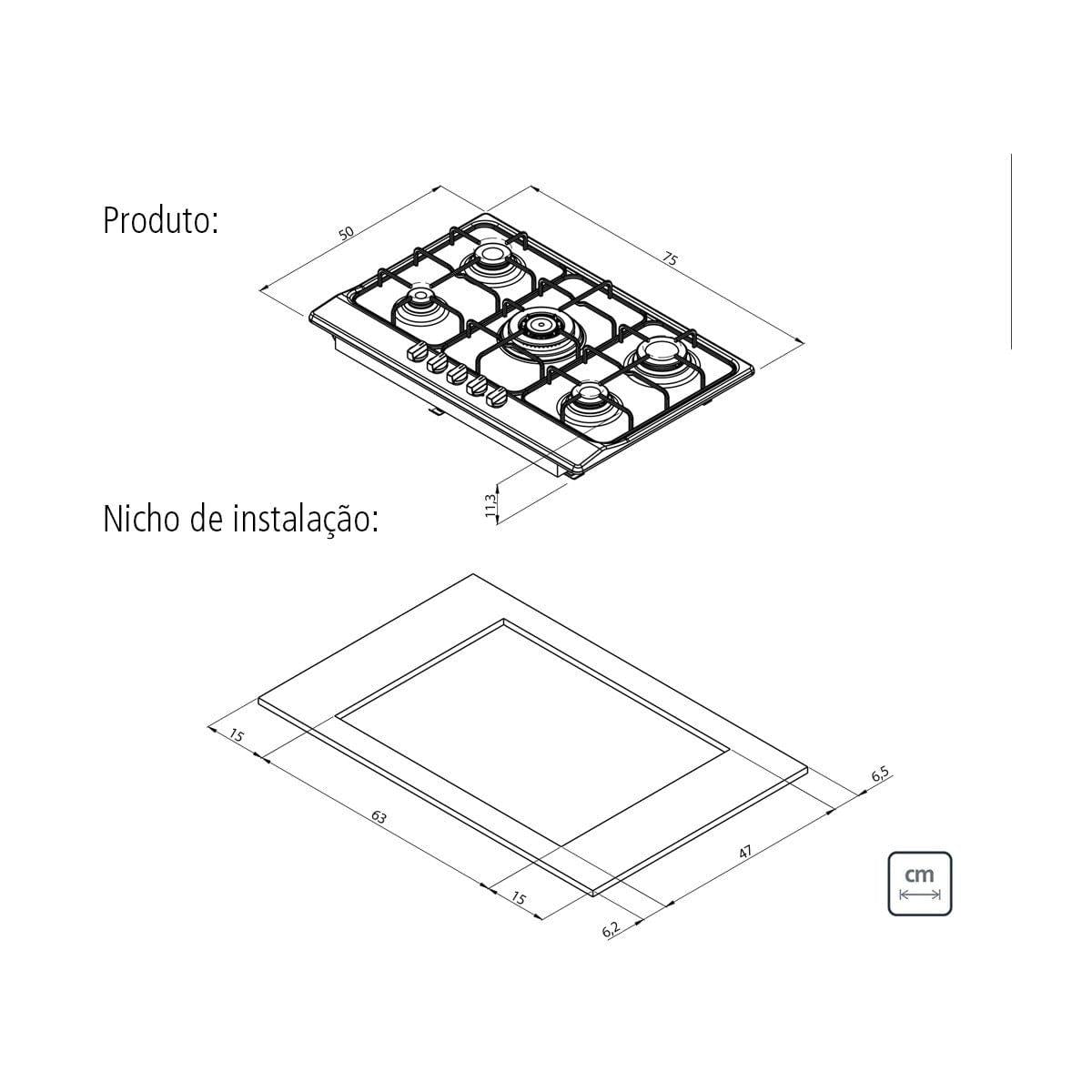 Cooktop a Gás 5 Queimadores Tramontina New Penta 5GX TRI 75 em Aço Inox