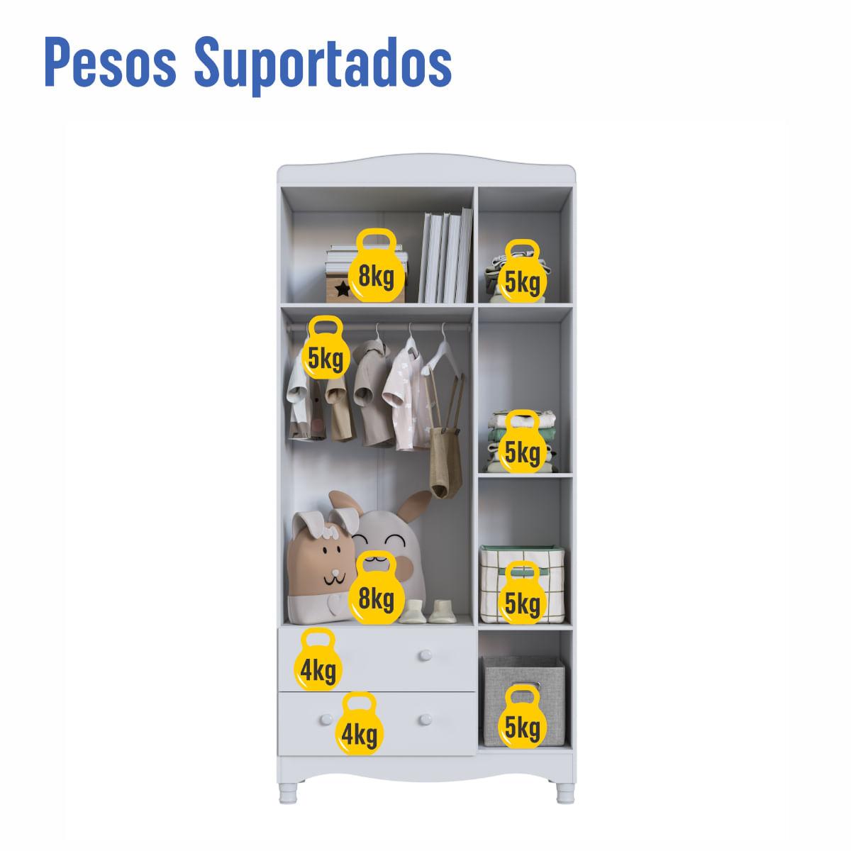 Guarda Roupas Infantil 3 Portas e 2 Gavetas 91x40x198 cm Branco Completa Móveis