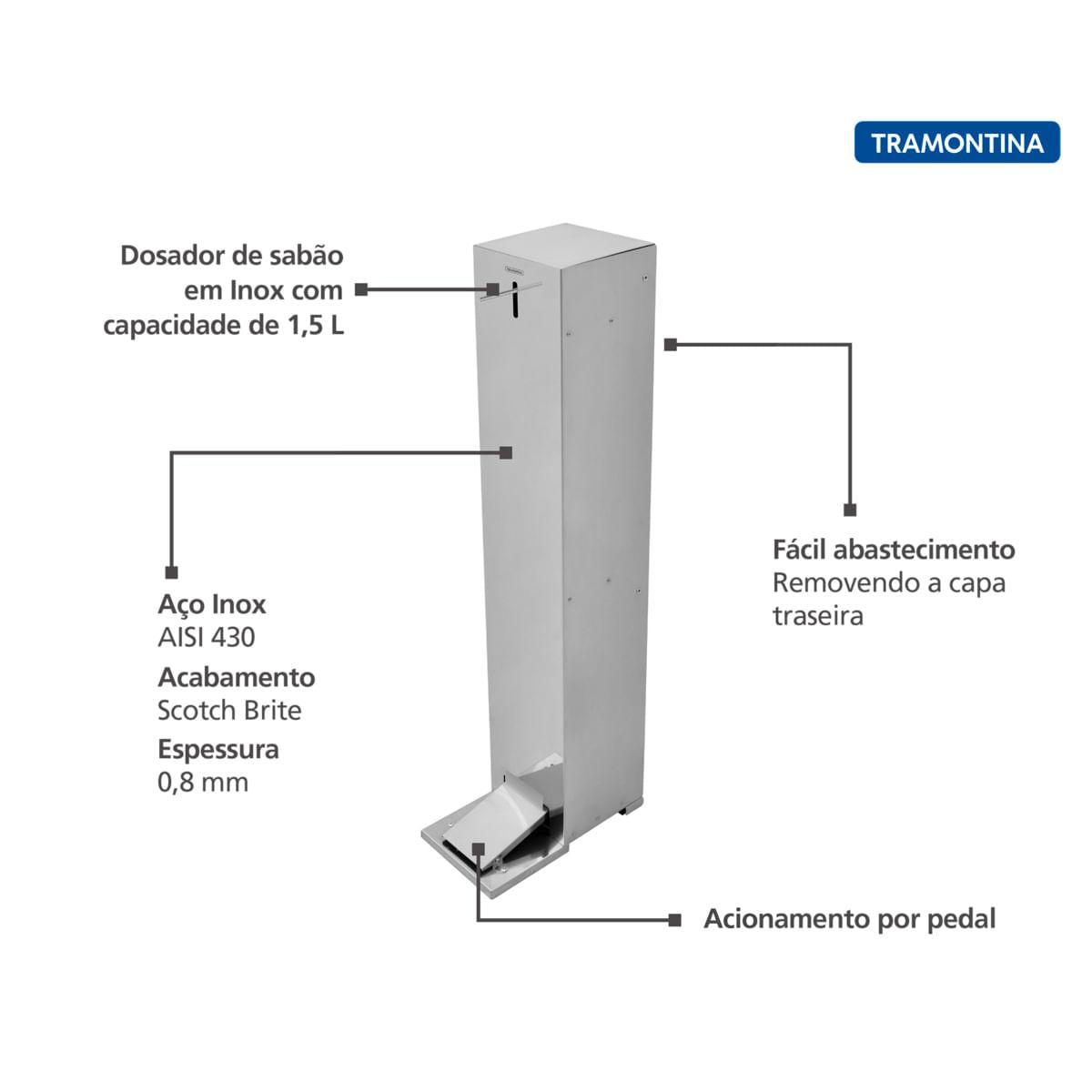 Dispenser de Álcool em Gel Tramontina em Aço Inox com Acionamento por Pedal
