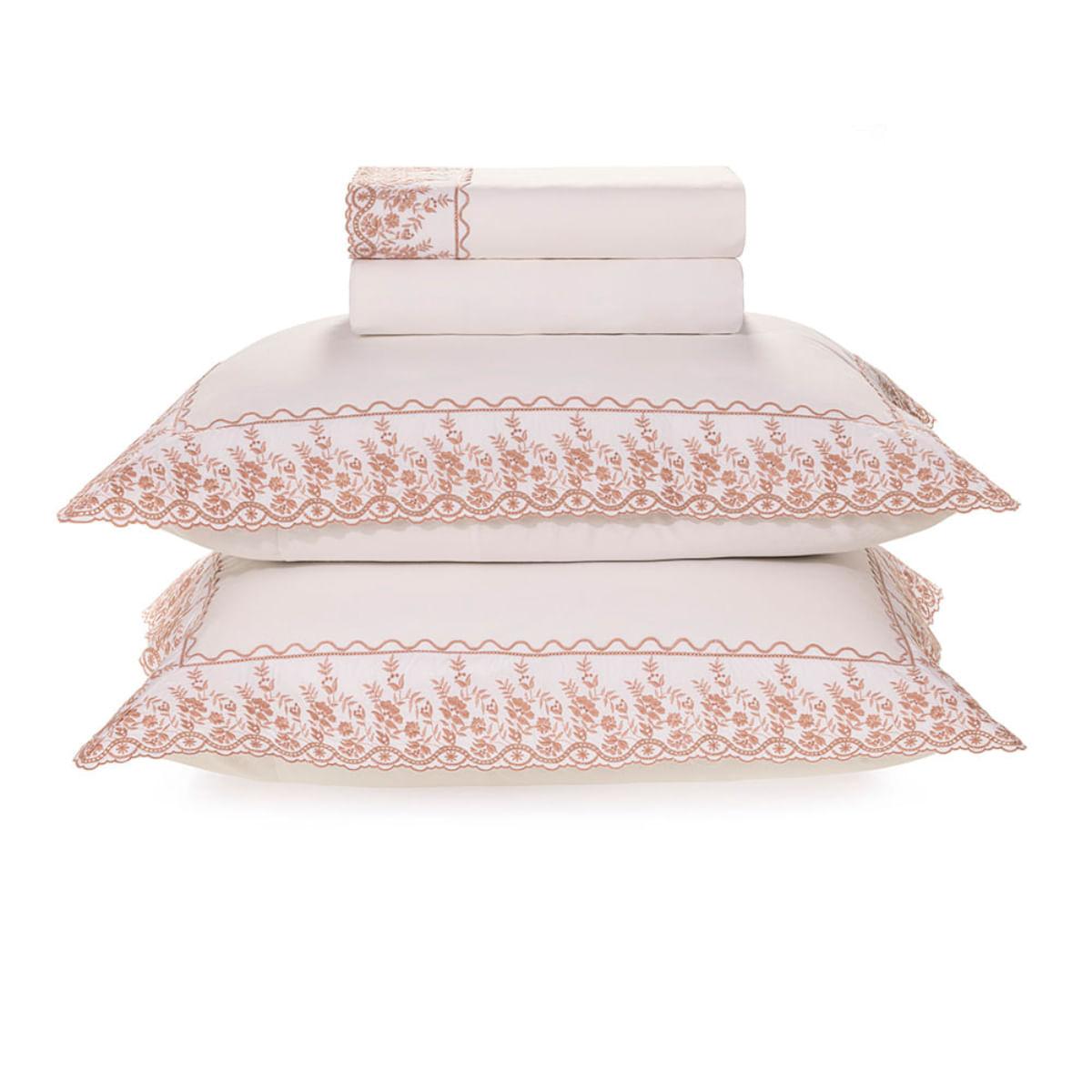 Jogo de Cama Queen 200 Fios Karsten Bordado Antônia Branco Rosa