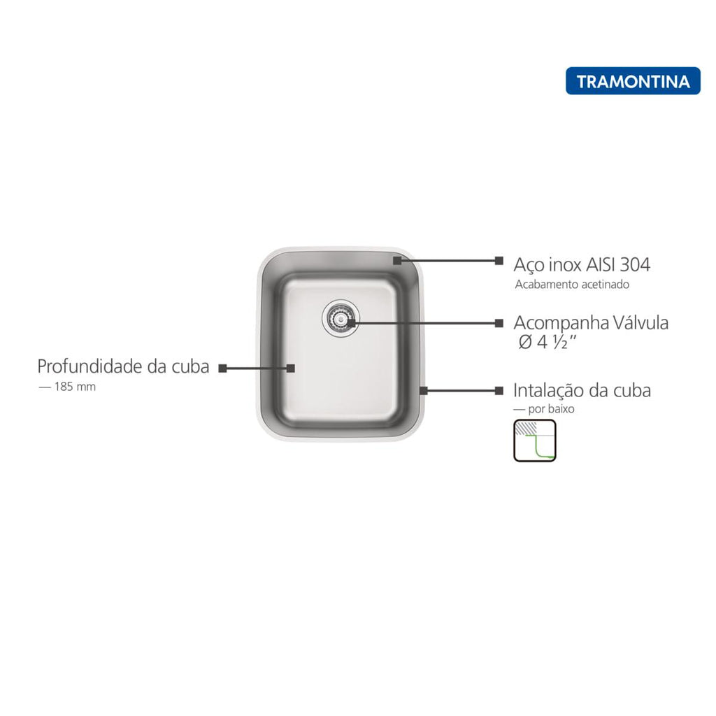 Cuba de Embutir Tramontina 34 x 40 cm Dora 34 BL em Aço Inox Acetinado com Válvula