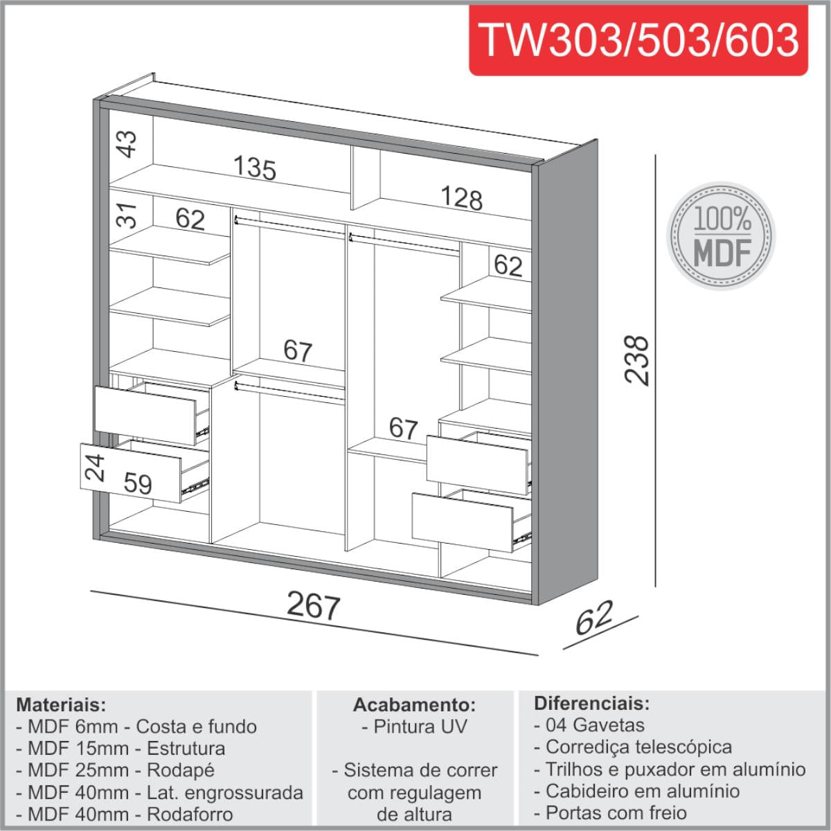 Guarda-Roupa com 2 Portas de Correr 267 cm Freijó/Off White TW603 JW Dalla Costa