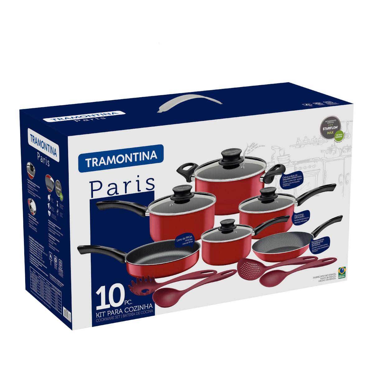 Jogo de Panelas e Utensílios Tramontina Paris em Alumínio Antiaderente Starflon Max Vermelho 10 Peças