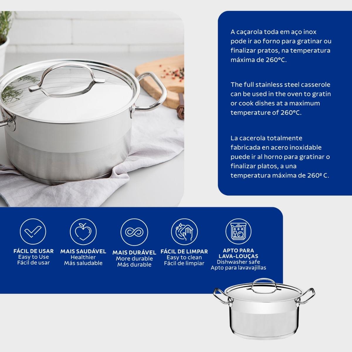 Caçarola Funda Tramontina Professional Aço Inox 8,4L com Tampa Plana e Fundo Triplo 28cm