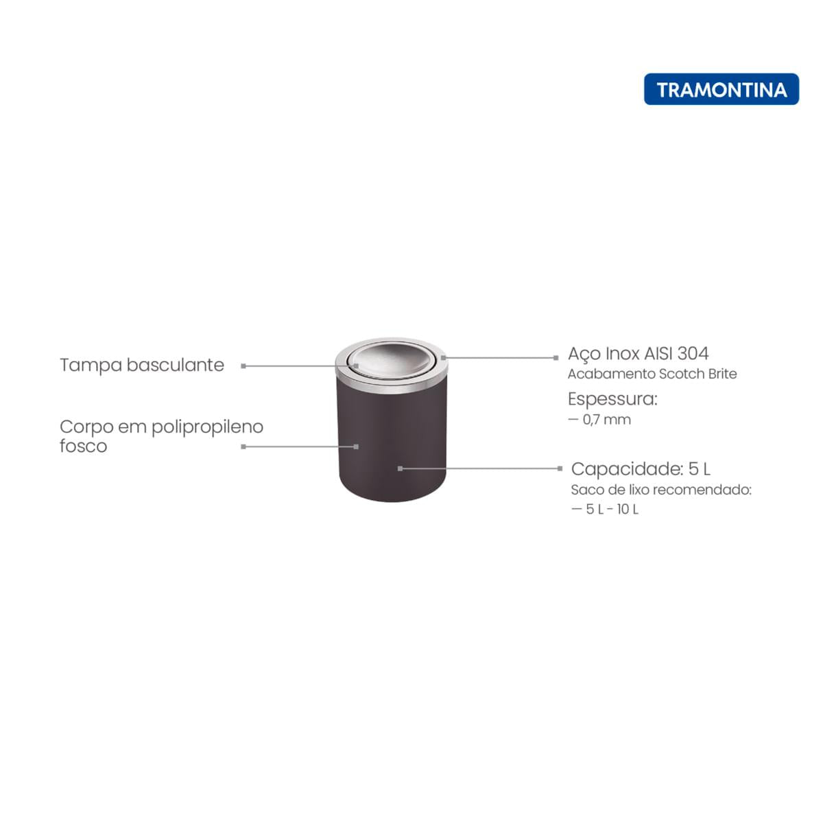 Lixeira Tramontina Útil Basculante em Aço Inox com Acabamento Scotch Brite e Corpo em Polipropileno Preto 5 L