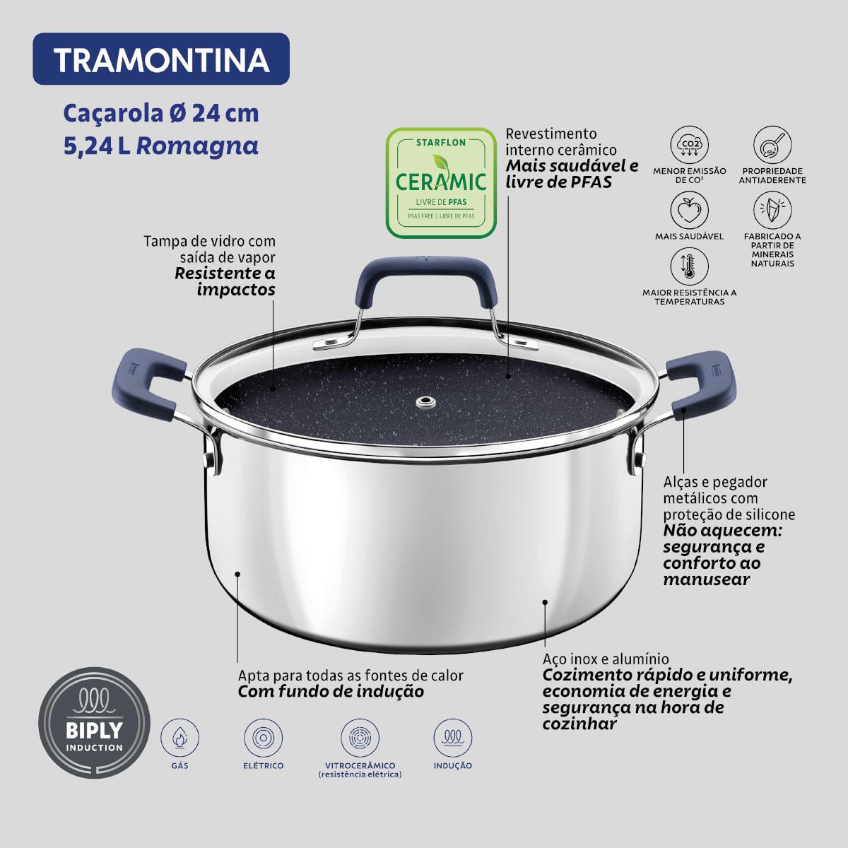 Caçarola Tramontina Romagna Aço Inox Cerâmico Black Stone 24 cm 5,24 L