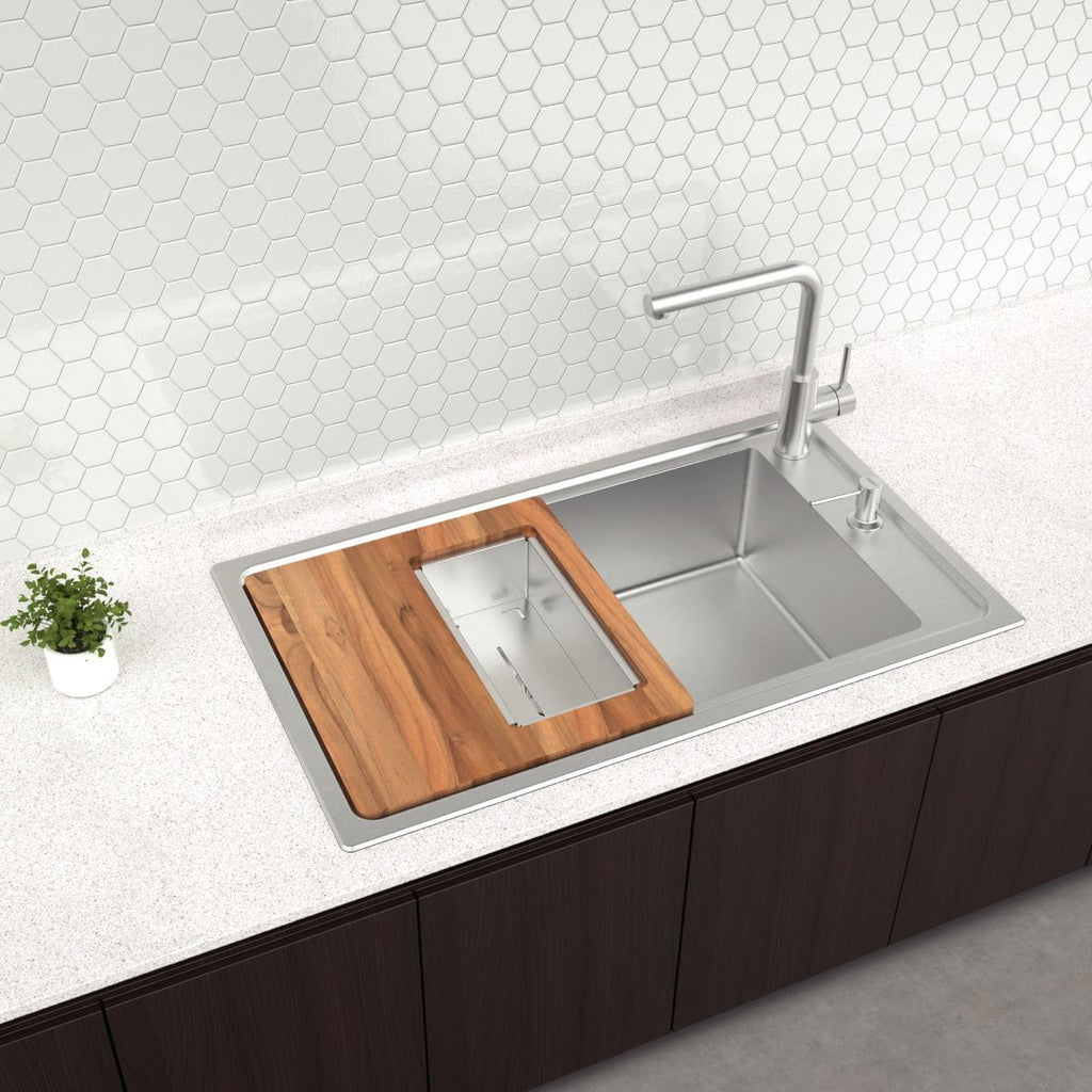 Cuba de Sobrepor Tramontina Square 86x50 em Aço Inox 304 com Misturador Monde Plus e Acessórios