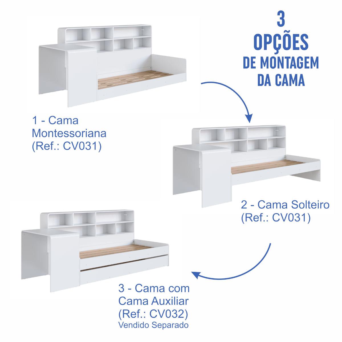 Cama Infanto Juvenil com Escrivaninha e Estante Solteiro Branco Completa Móveis