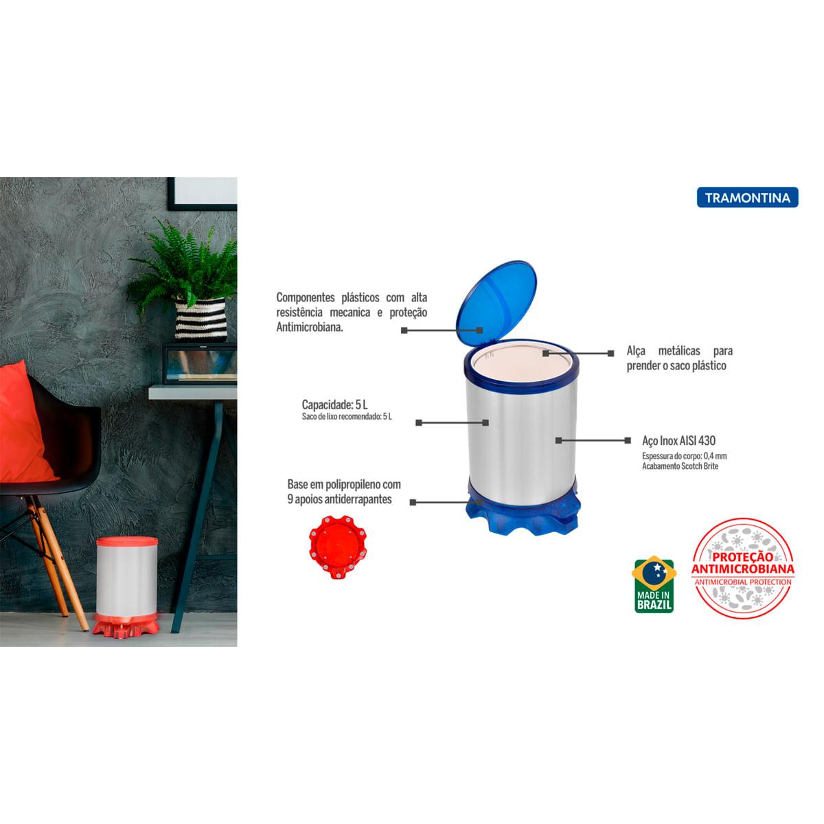 Lixeira Inox Tramontina Sofie Inox Scotch Brite e Detalhes em Plástico Translúcido Azul com Pedal 5 L