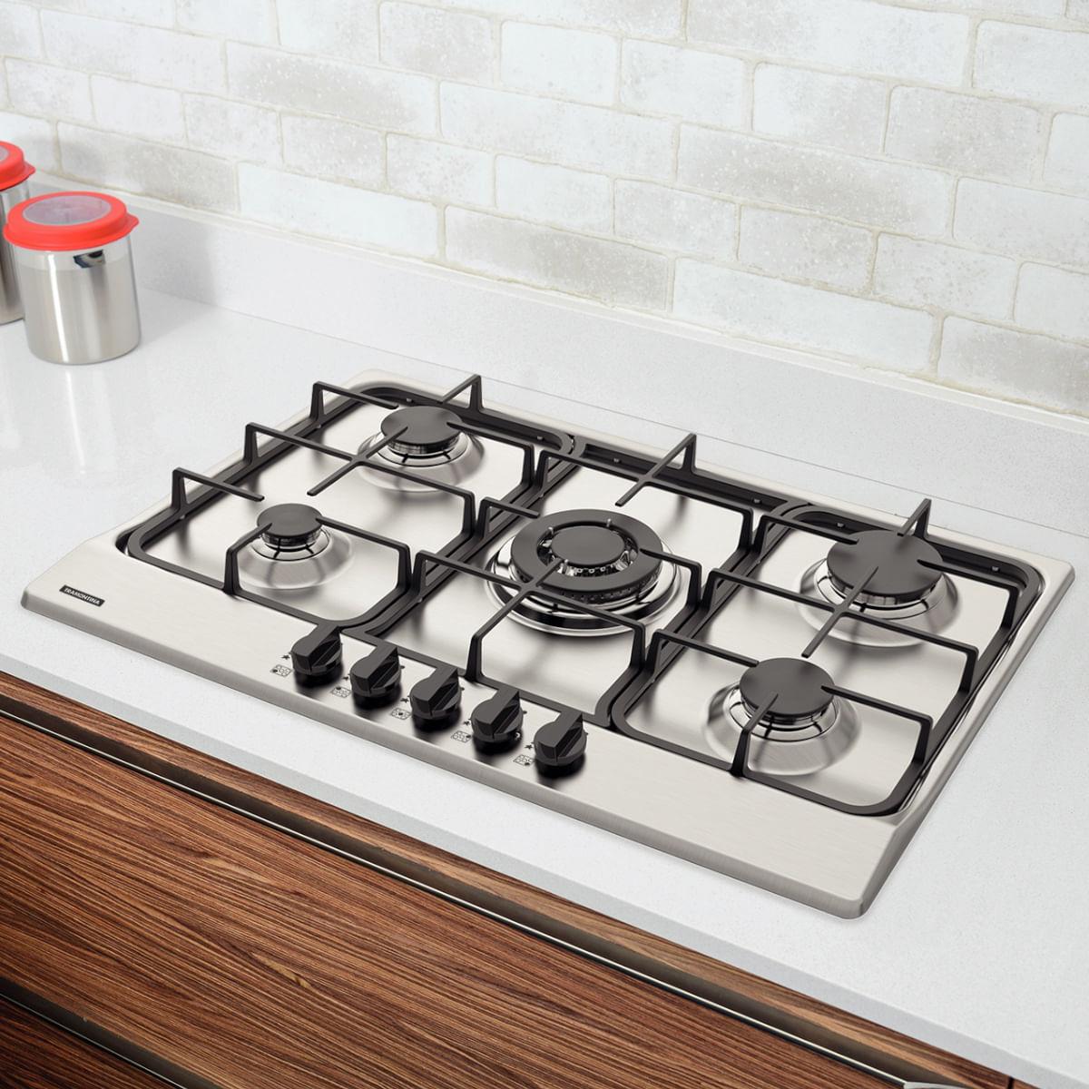 Cooktop a Gás Tramontina Penta FF 5GX Tri 75 em Aço Inox e Trempes em Ferro Fundido 5 Queimadores