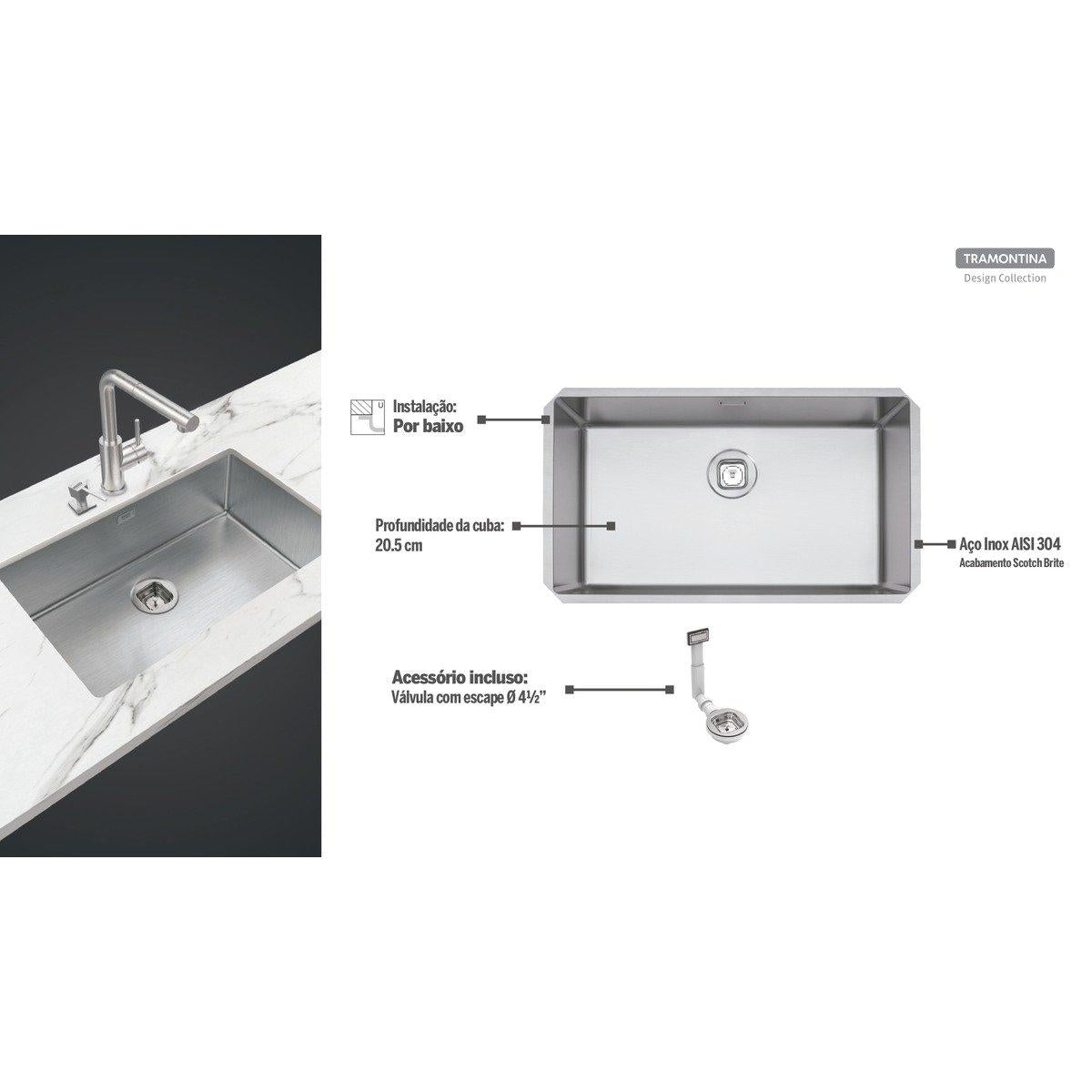 Cuba de Embutir Quadrum 70 U Undermount Tramontina 70 x 40 x 20 cm em Aço Inox Scotch Brite com Válvula OUTLET