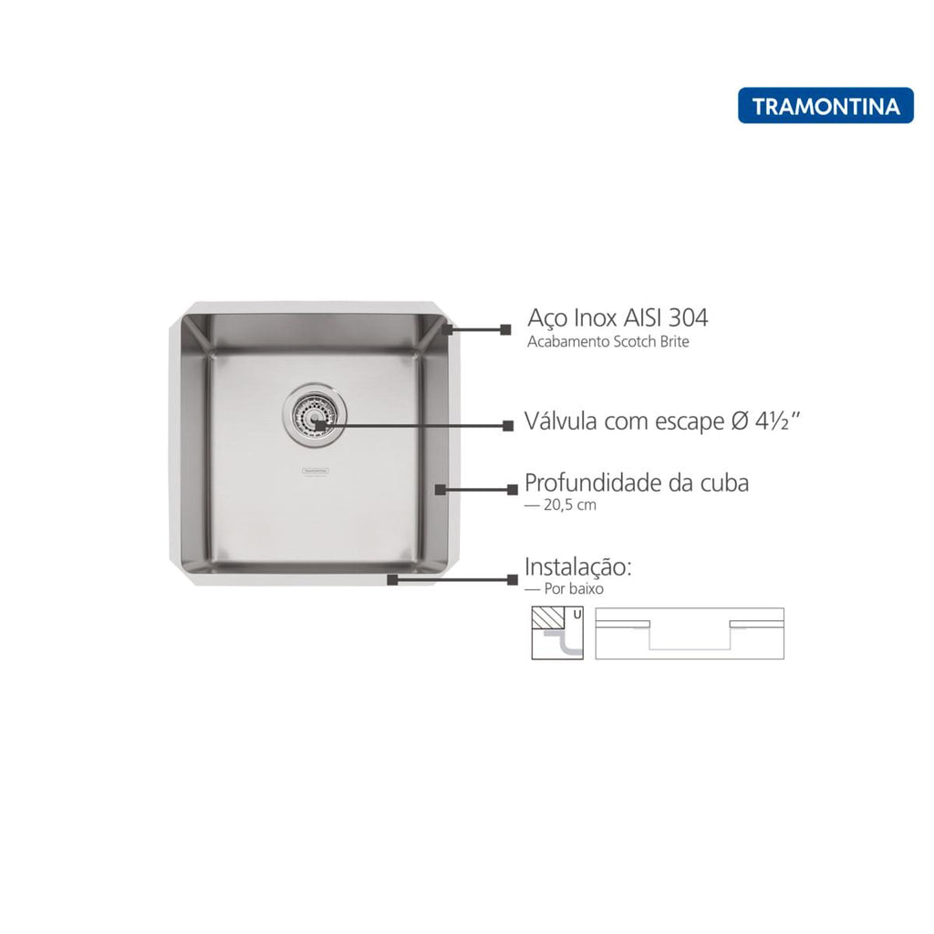 Cuba de Embutir Quadrum 40 U Undermount Tramontina 40 x 40 x 20 cm em Aço Inox Scotch Brite OUTLET