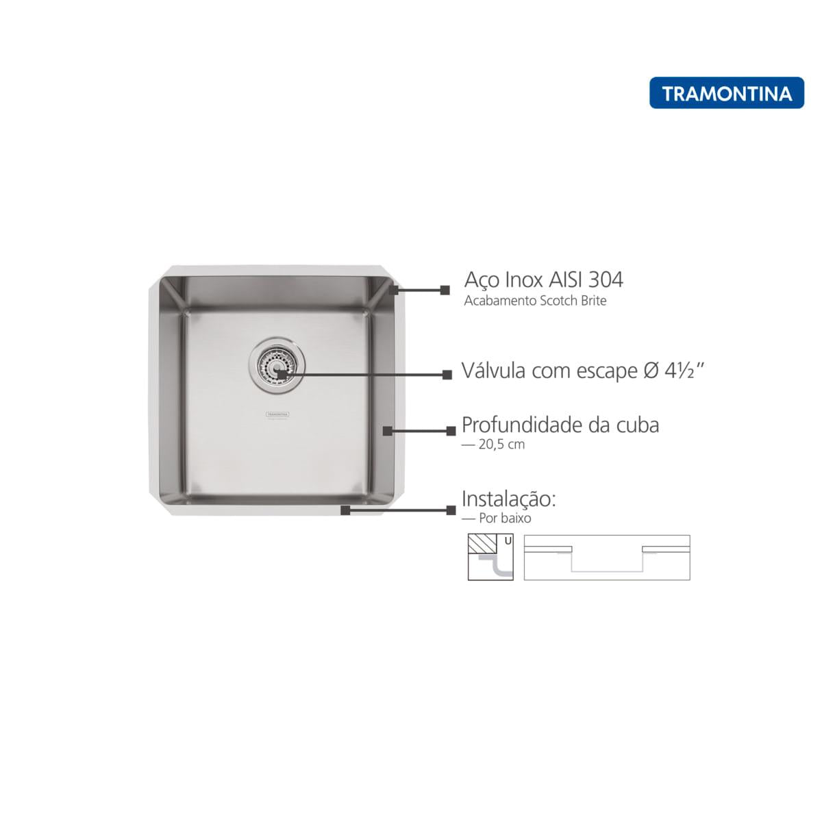 Cuba de Embutir Quadrum 40 U Undermount Tramontina 40 x 40 x 20 cm em Aço Inox Scotch Brite OUTLET
