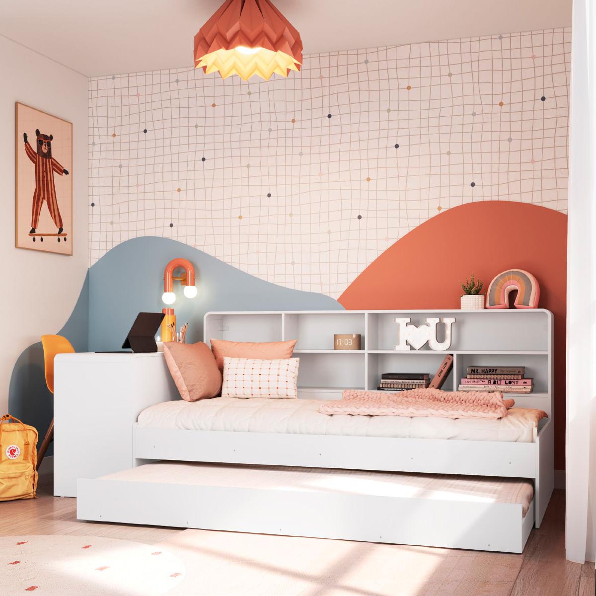 Cama Infanto Juvenil com Escrivaninha Estante e Cama Auxiliar Solteiro Branco Completa Móveis