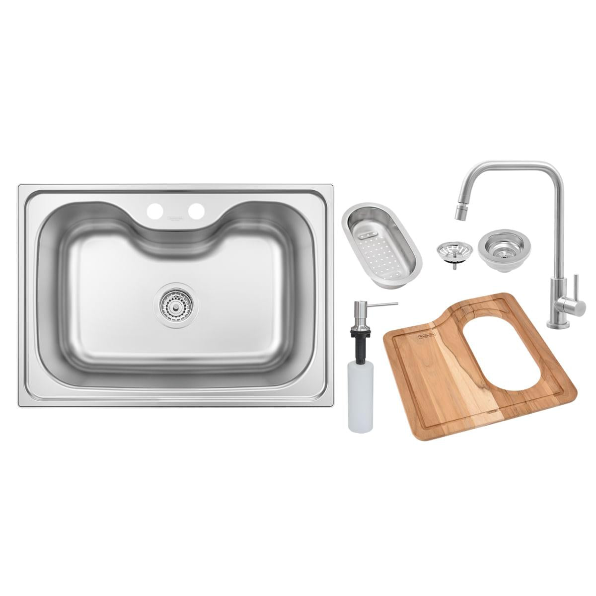 Cuba de Sobrepor em Aço Inox Tramontina Morgana 60 FX Acetinado 68 x 48cm com Válvula Dosador de Sabão Tábua Cesto e Torneira