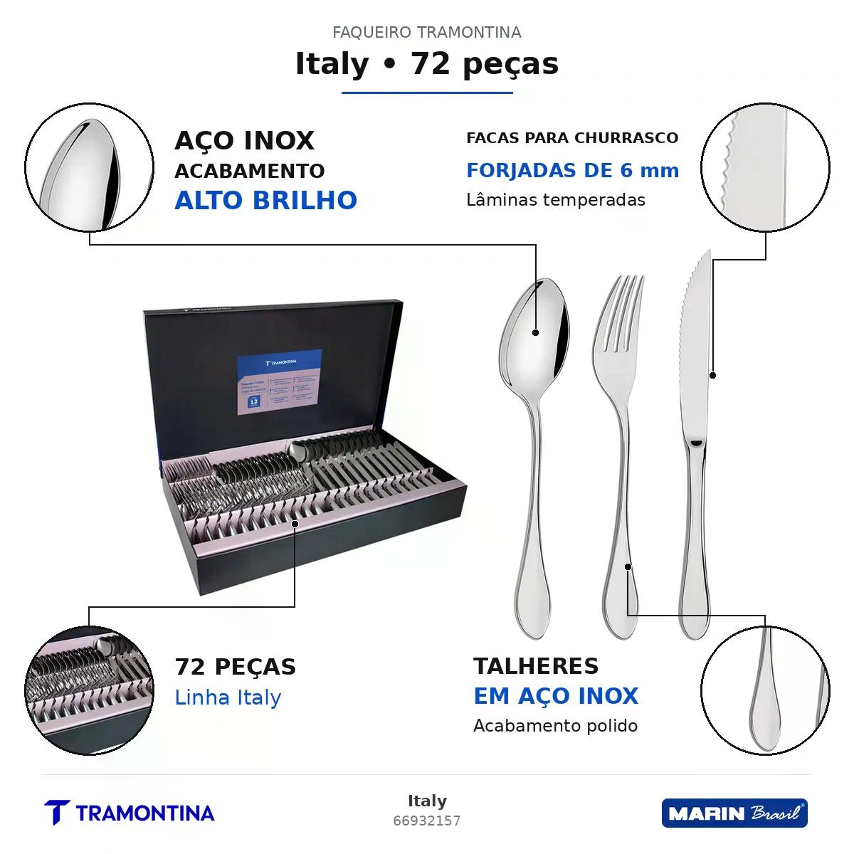 Faqueiro Tramontina Italy Aço Inox 72 Peças com Facas para Churrasco