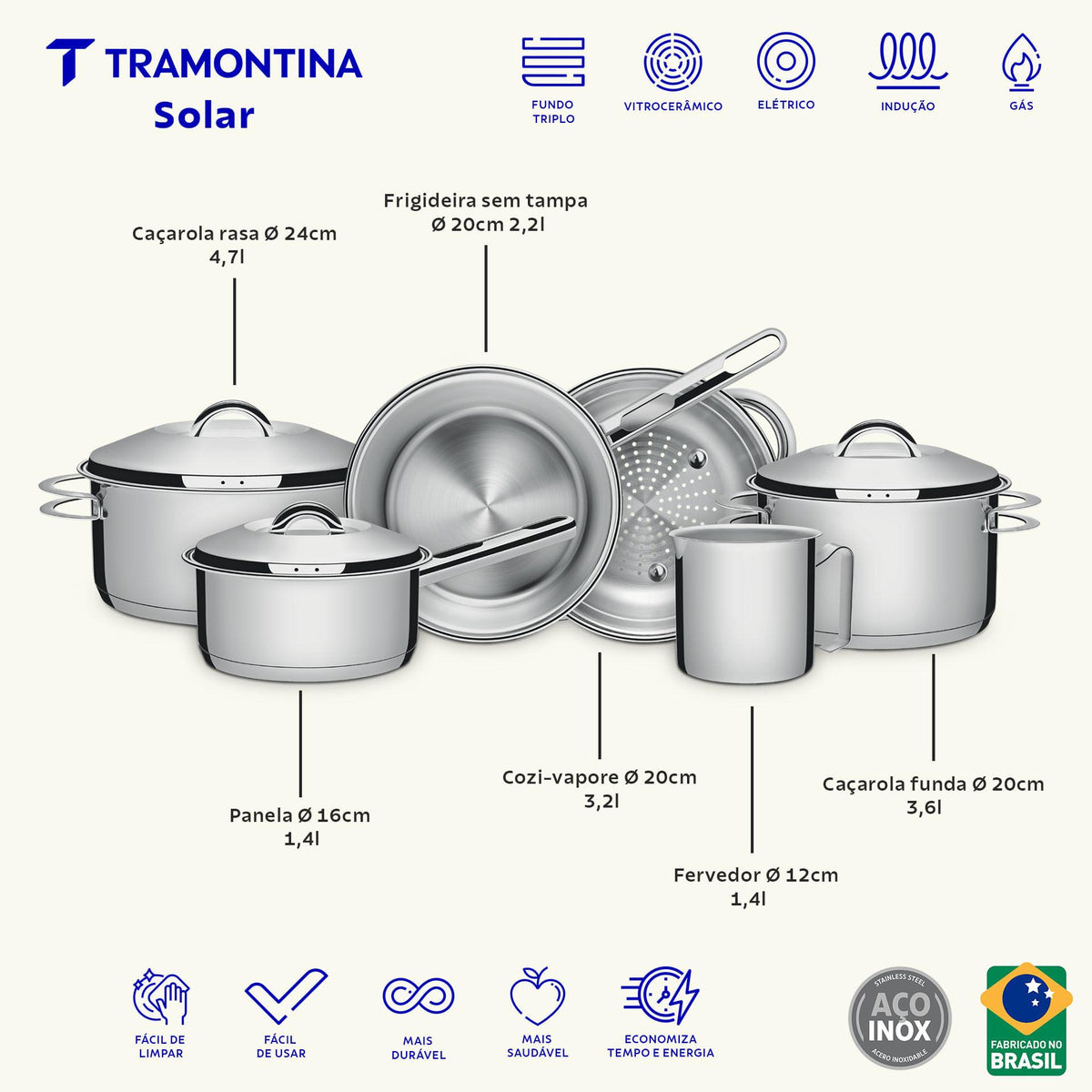 Jogo de Panelas Tramontina Solar em Aço Inox com Fundo Triplo e Tampas de Inox 6 Peças