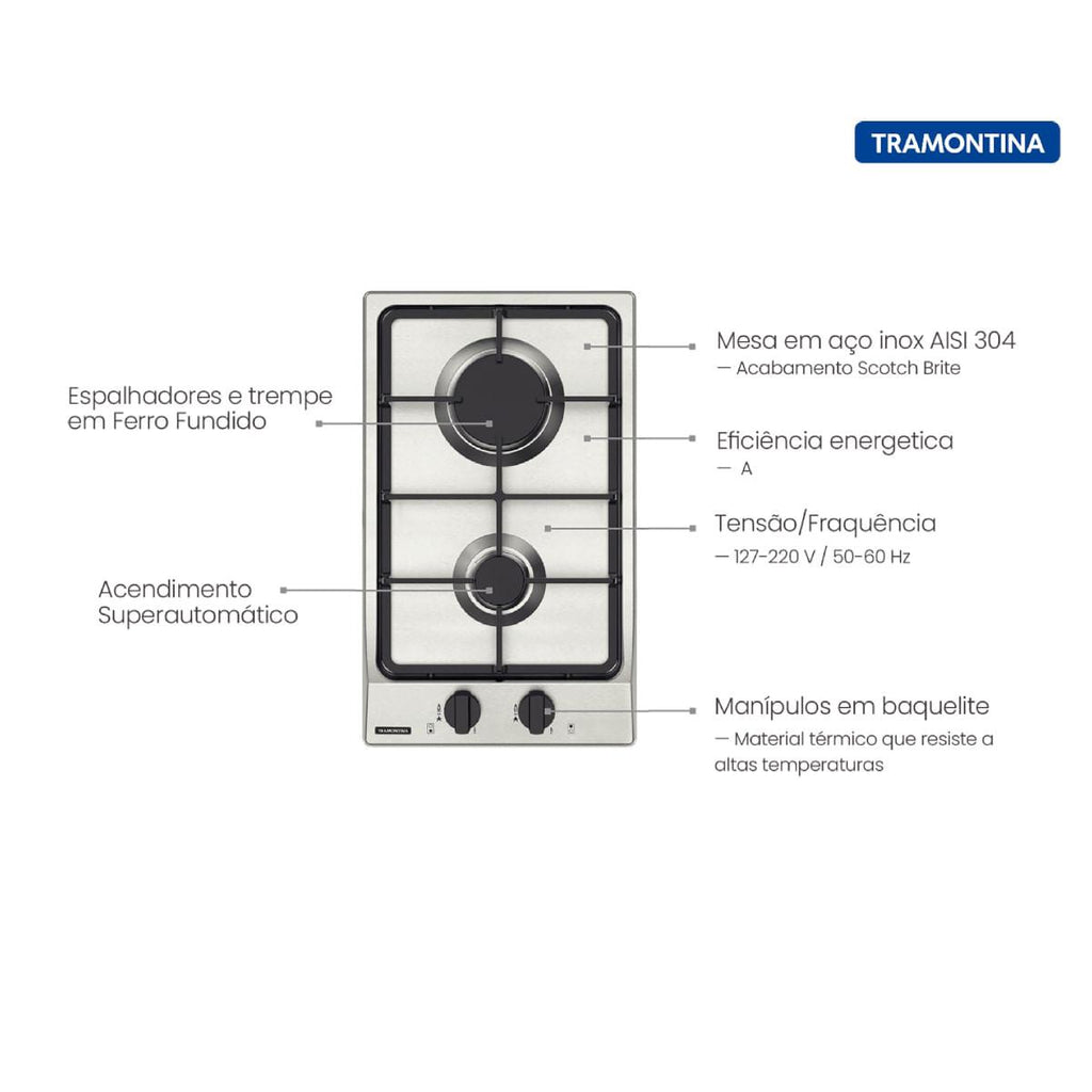 Cooktop a Gás Tramontina Dominó FF 2GX 30 em Aço Inox com Trempes em Ferro Fundido 2 Queimadores