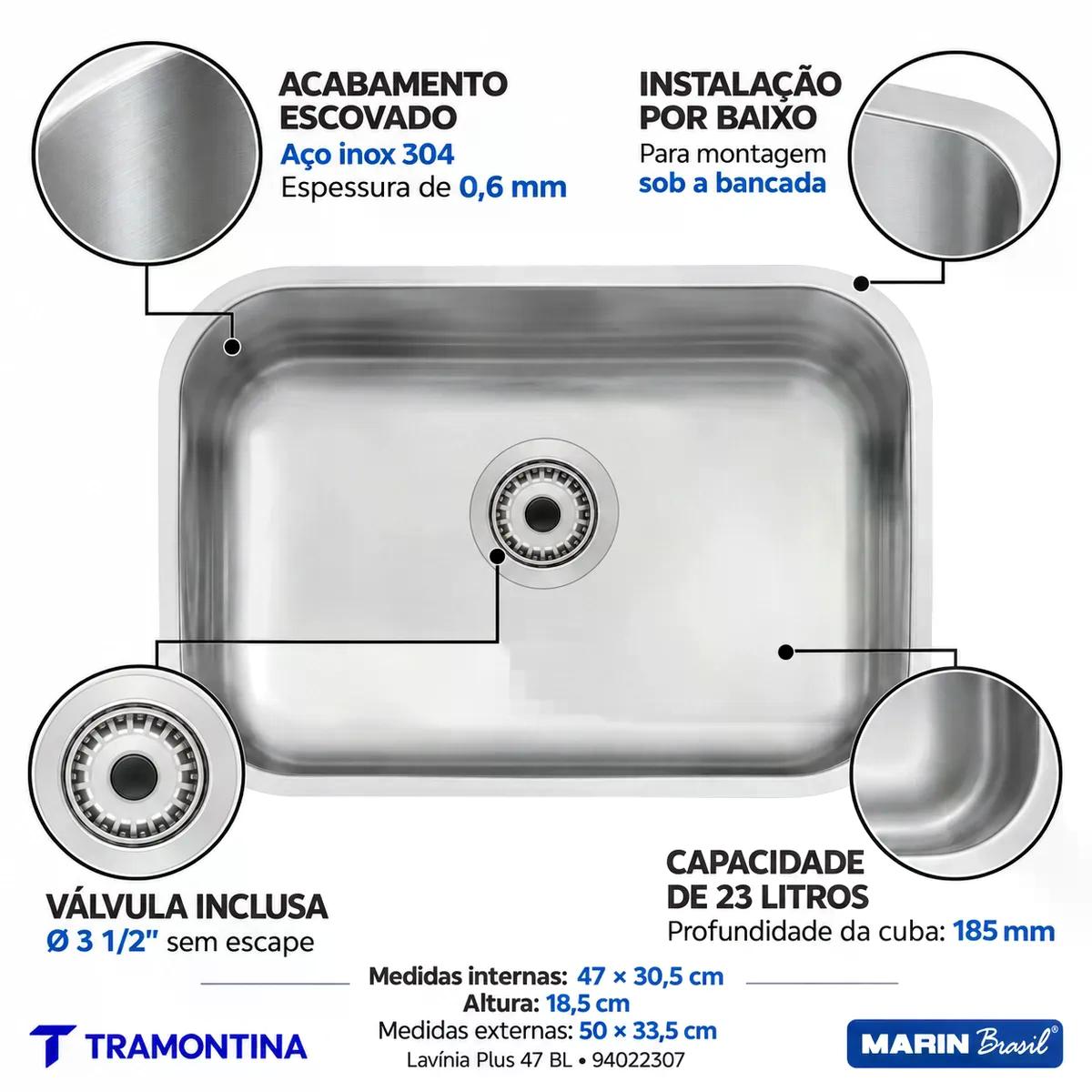 Cuba Tramontina Lavínia Plus 47 BL Inox Escovado 47 x 30,5 cm Válvula 3 1/2 pol