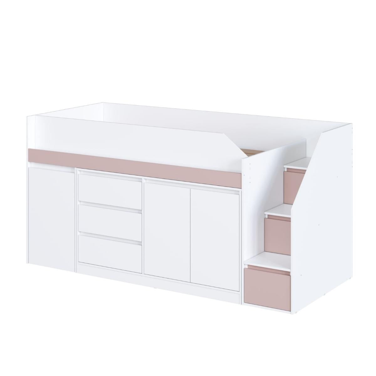 Cama Infanto Juvenil com Escrivaninha e Balcão Branco e Rosa Completa Móveis