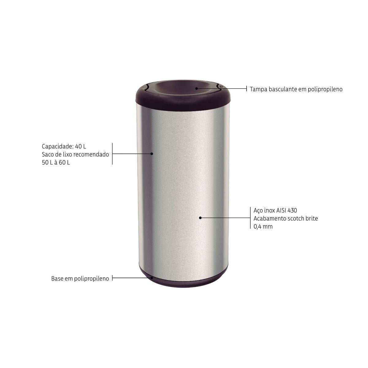Lixeira Inox Tramontina Piemonte 40L Acetinado Preta Outlet