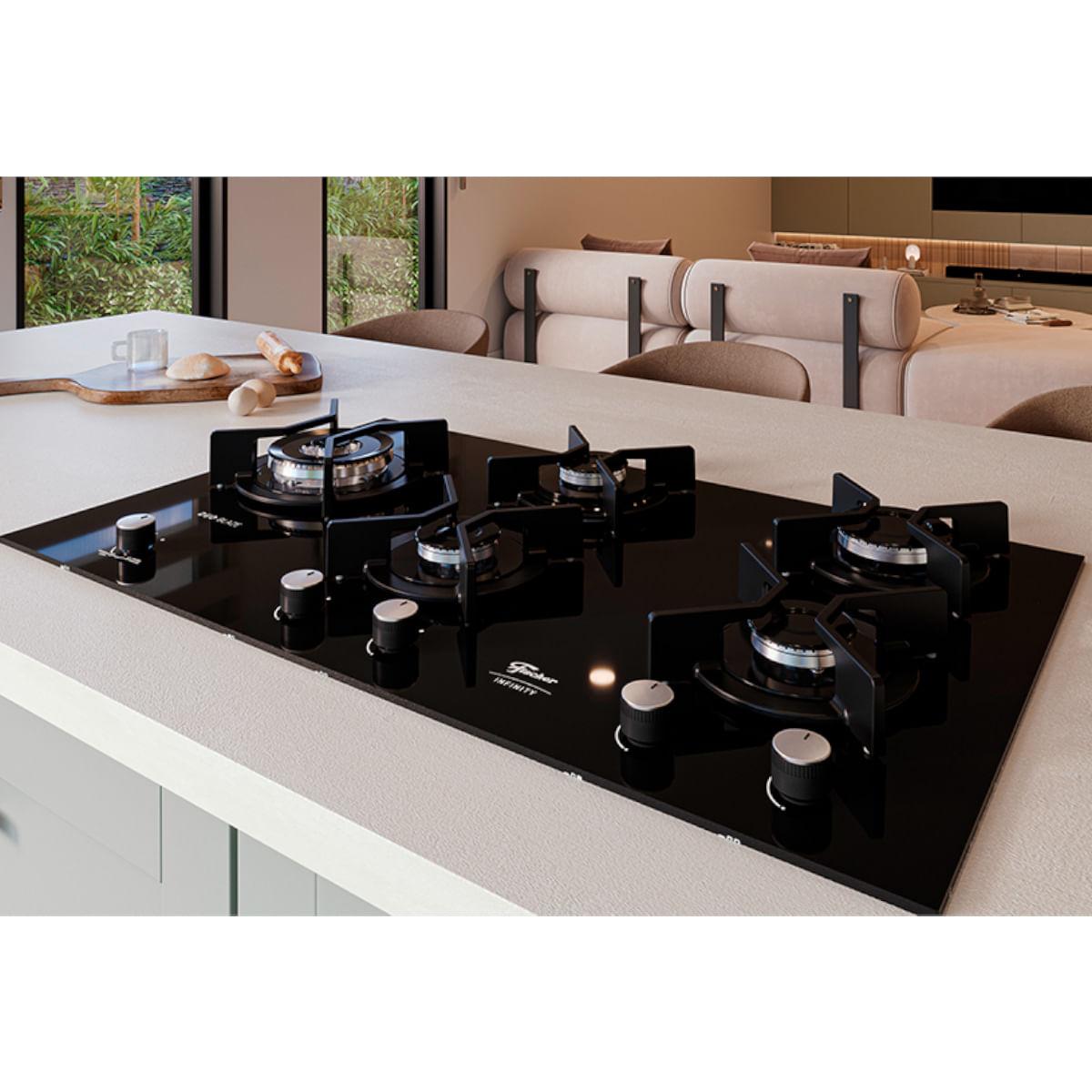 Cooktop a Gás Fischer 5 Bocas Tripla Chama Infinity Duo com Trempe de ferro fundido Mesa Vidro Bivolt