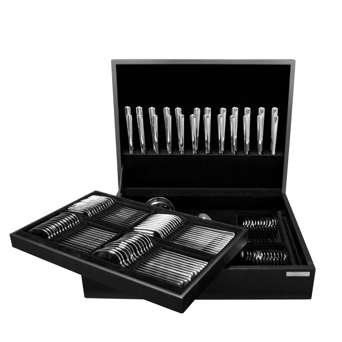 Faqueiro Tramontina Italy em Aço Inox com Facas de Mesa Forjadas 6mm Alto Brilho e Estojo de Madeira 101 Peças
