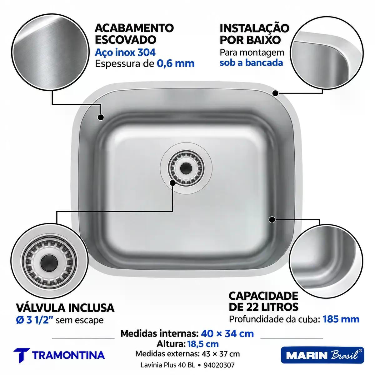 Cuba Tramontina Lavínia Plus 40 BL Inox Escovado 40 x 34 cm Válvula 3 1/2 pol