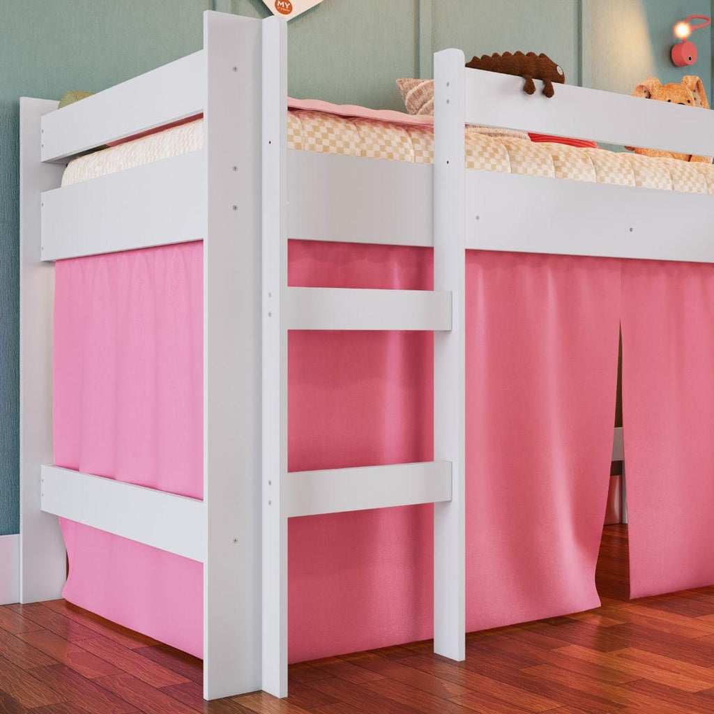 Cama Infantil Elevada com Escorregador Branco e Cortina Rosa Completa Móveis