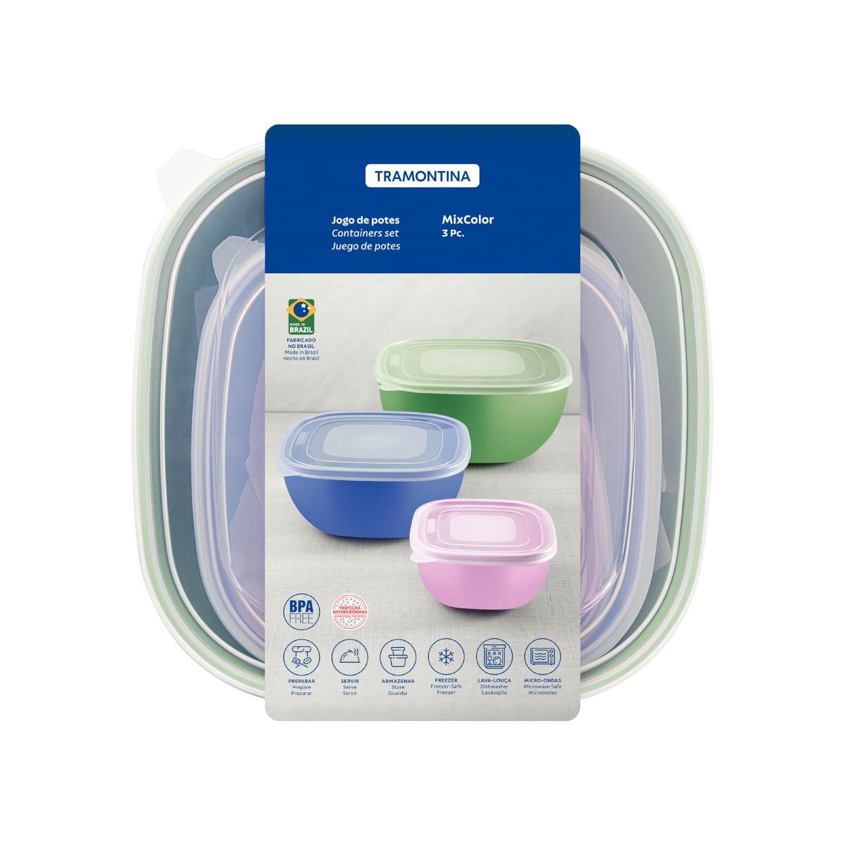 Jogo de Potes Tramontina Mixcolor em Polipropileno Colorido com Tampa Transparente 03 Peças