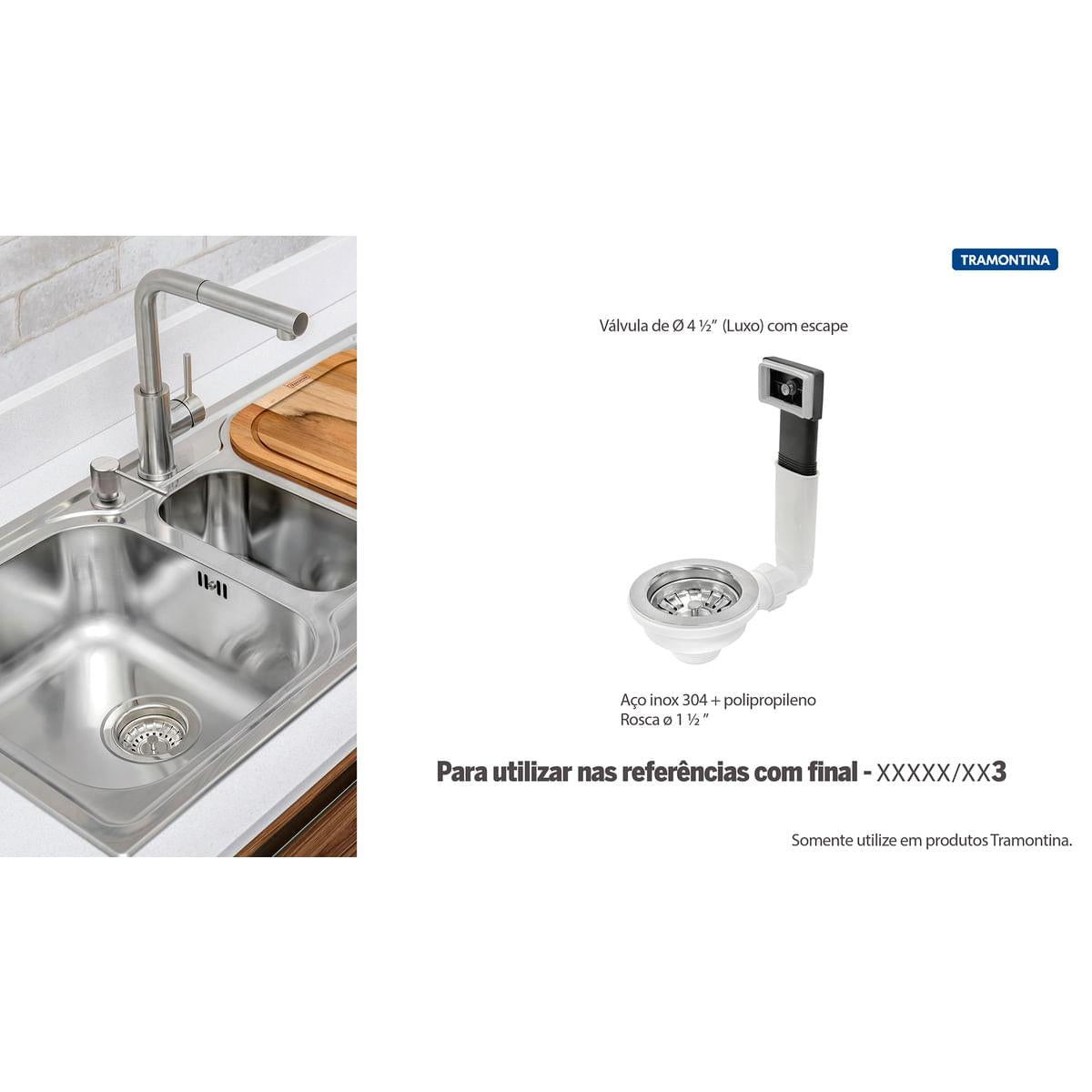 Válvula Tramontina Luxo para Pias e Cubas 4 1/2" com Escape em Aço Inox e Polipropileno