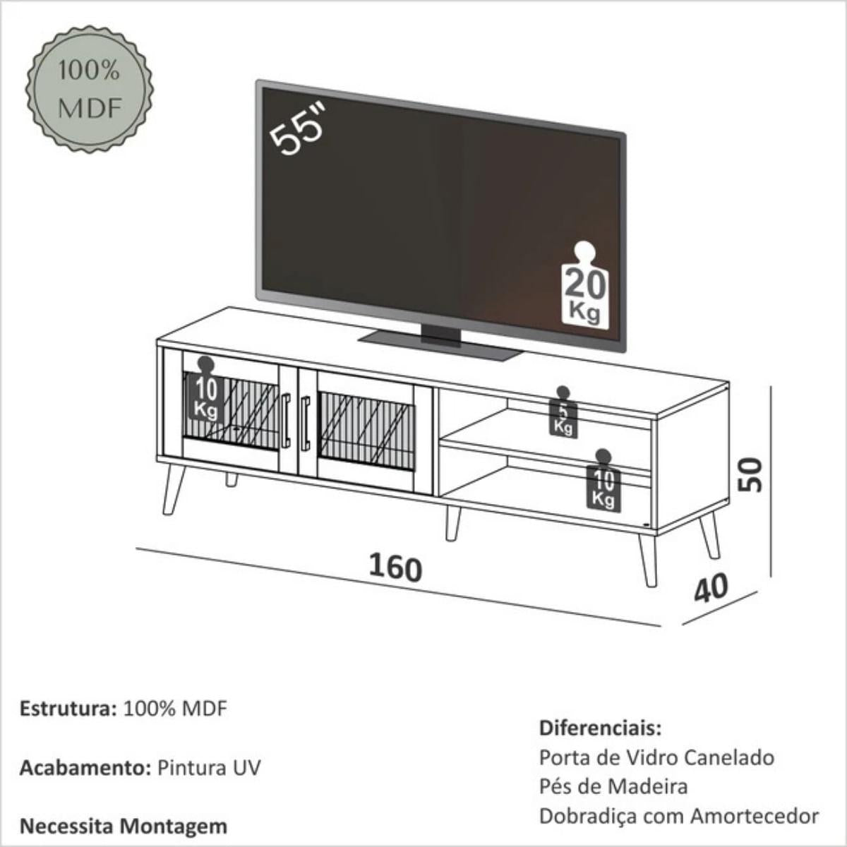 Rack Madrid 160cm 2 Portas Vidro Canelado Carvalho Rosé Dalla Costa