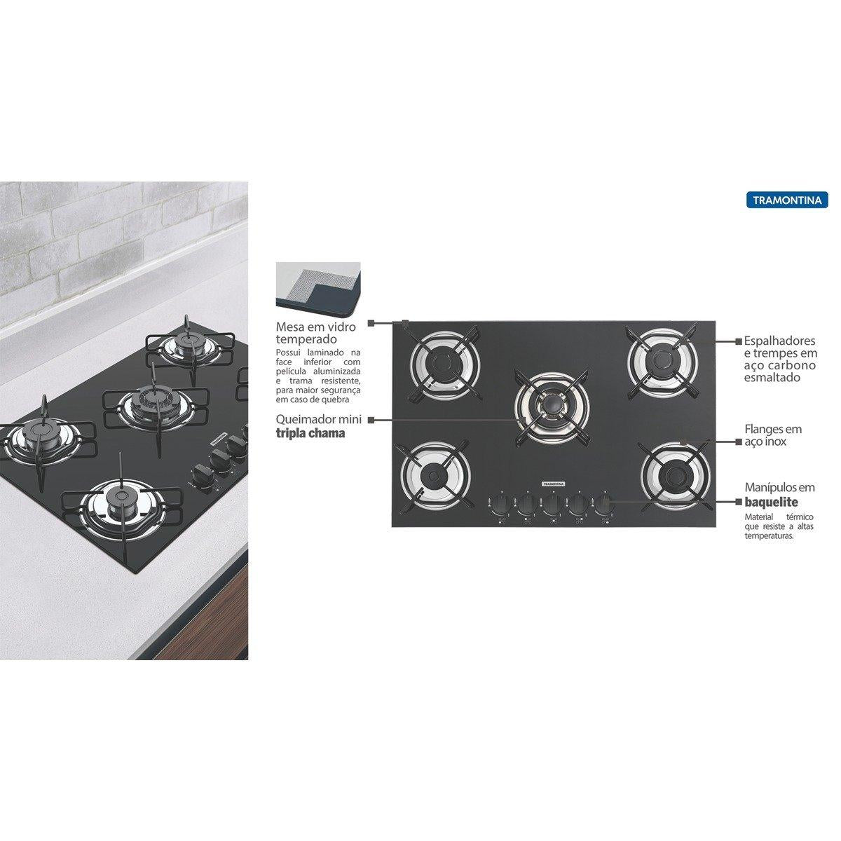 Cooktop a Gás Tramontina Brasil 5 Queimadores Vidro Preto Bivolt 70 x 45 cm Tripla Chama