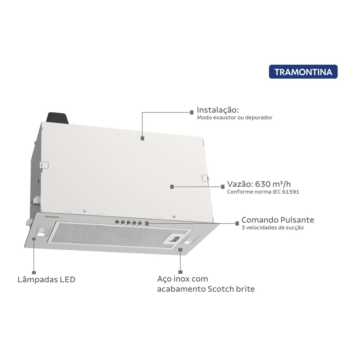 Coifa de embutir Tramontina Incasso em aço inox 51 cm