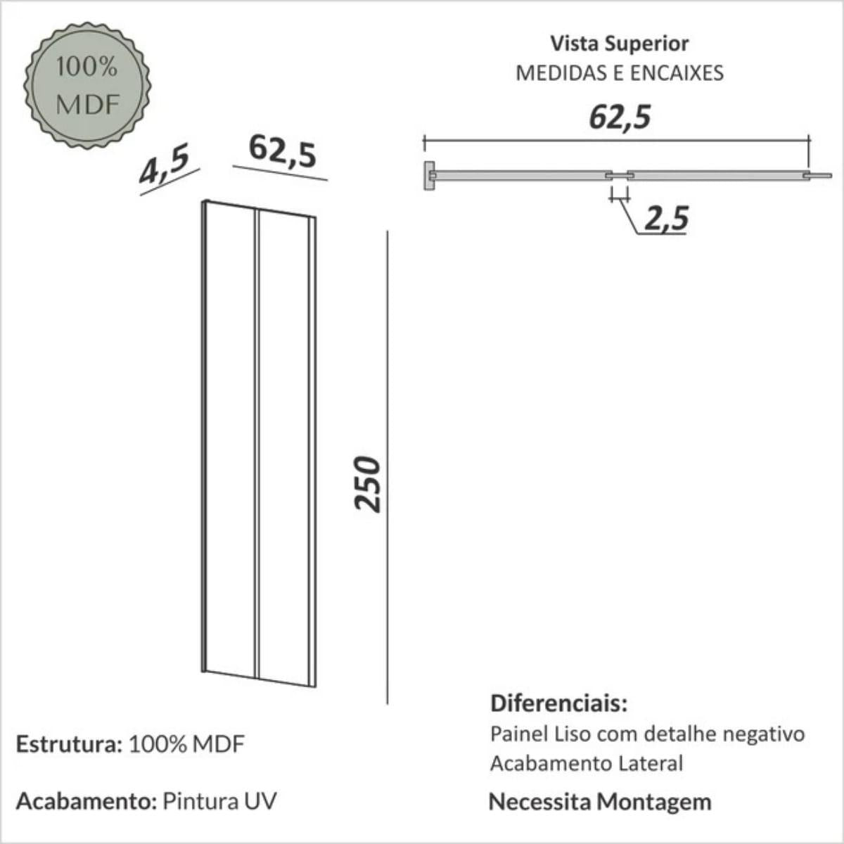 Painel Decorativo Liso 62,5cm para Parede em Mdf Carvalho Rosé Dalla Costa