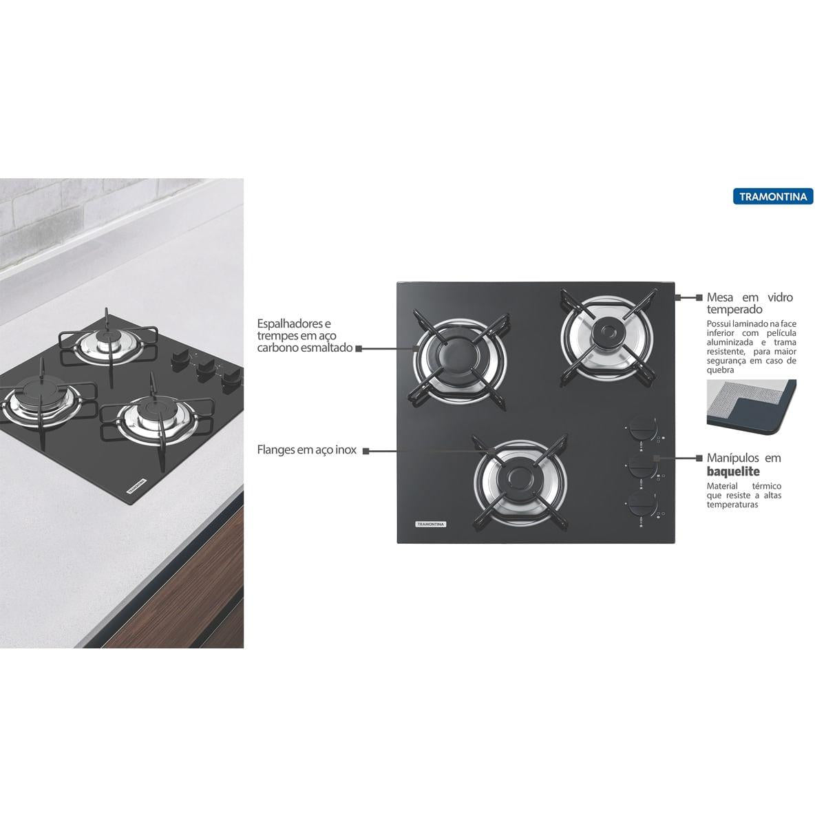 Cooktop a Gás Tramontina 3 Queimadores Brasil em Vidro Temperado Preto