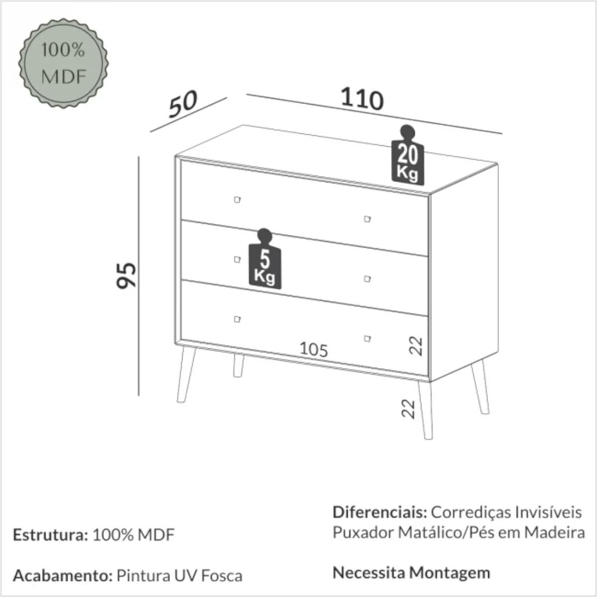 Cômoda 3 Gavetas em MDF Nature Freijó 110x95x50 cm Dalla Costa TW50JJ