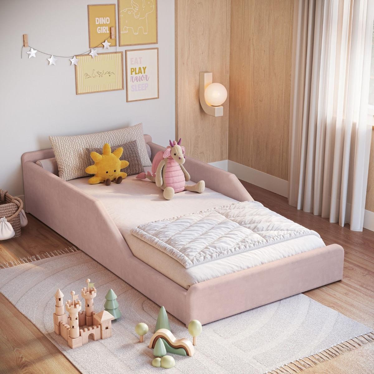 Cama Infantil Sentir Solteiro Estofada Rosa Completa Móveis