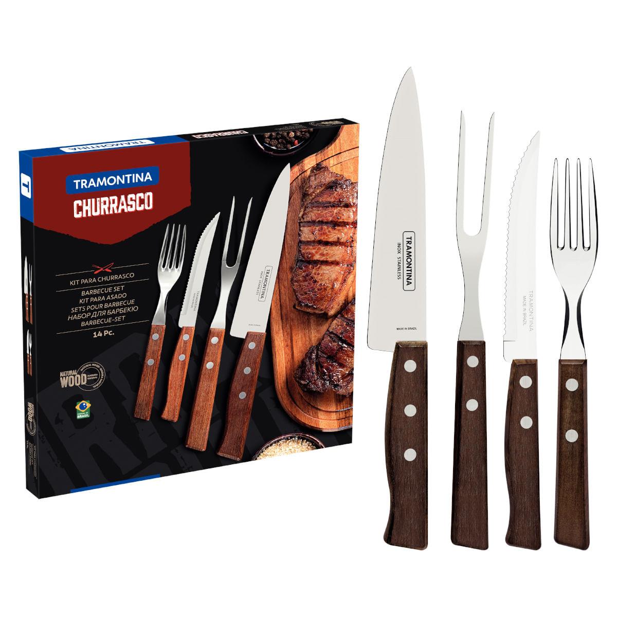 Jogo de Talheres Churrasco Tramontina Aço Inox Madeira Natural 14 Peças