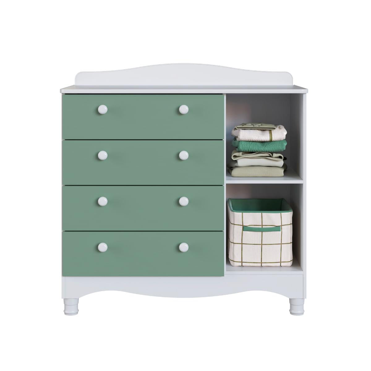 Cômoda Infantil 4 Gavetas 1 Porta Encanto Branco e Verde Completa Móveis
