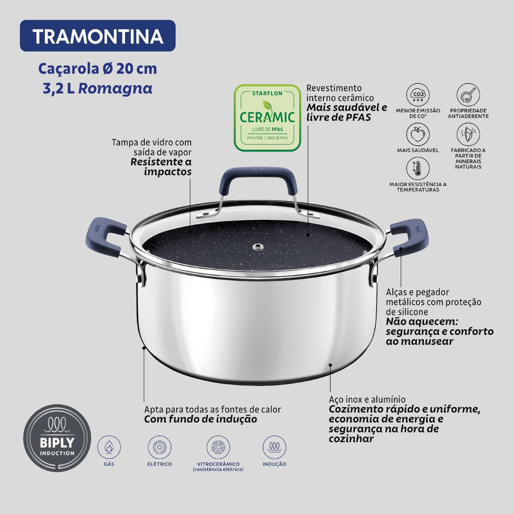 Caçarola Tramontina Romagna Aço Inox Cerâmico Black Stone 20 cm 3,2 L