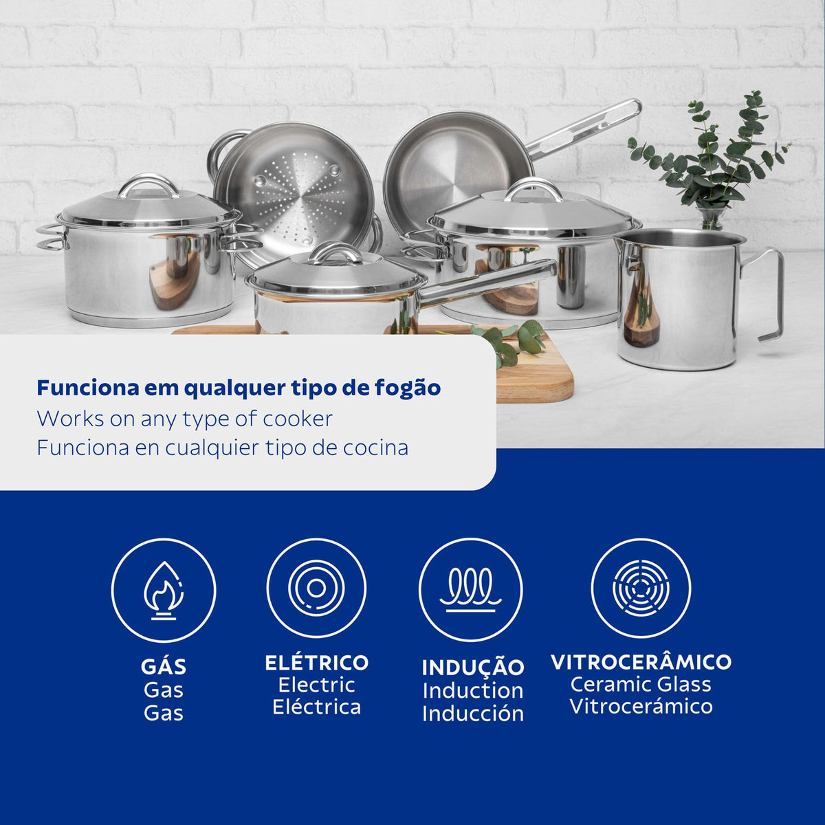 Jogo de Panelas Tramontina Solar em Aço Inox com Fundo Triplo e Tampas de Inox 6 Peças