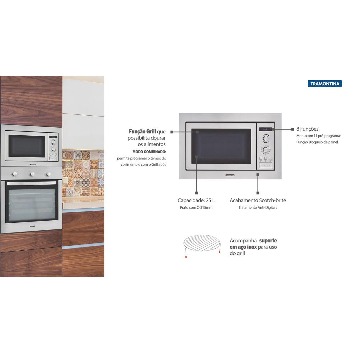 Micro-ondas de Embutir Tramontina 25 L em Aço Inox Tramontina 8 Funções 94880003