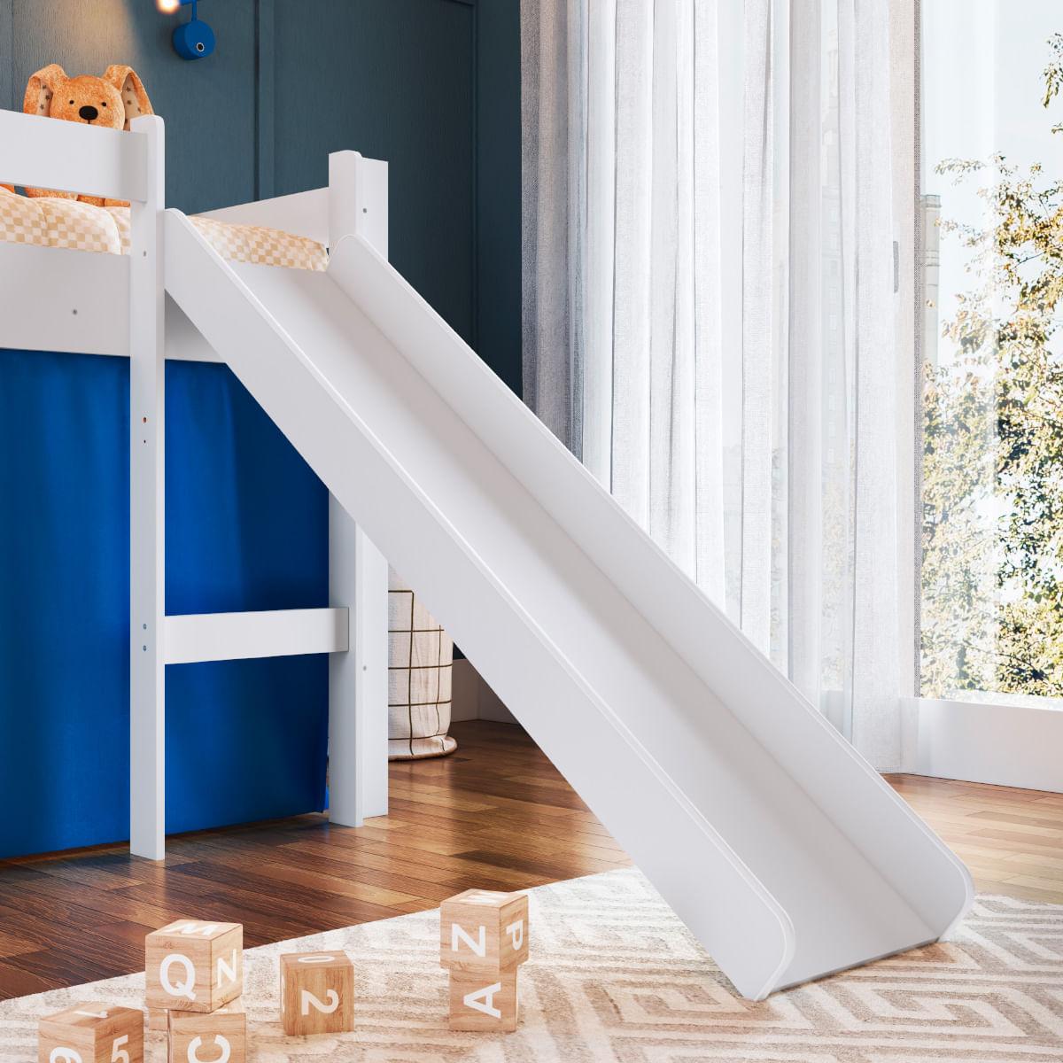 Cama Infantil Elevada com Escorregador Branco e Cortina Azul Completa Móveis