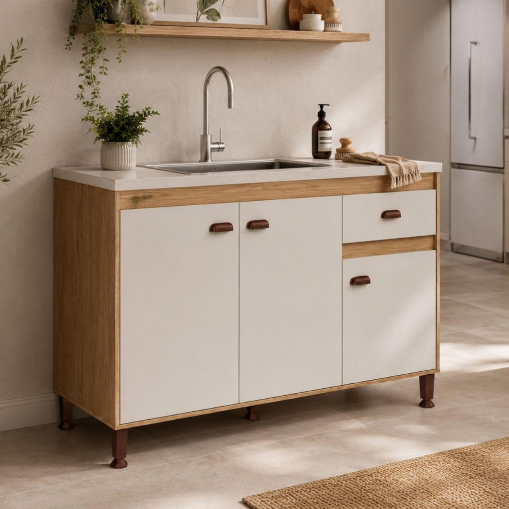 Armário Balcão de Cozinha Mel Off White 120x48x93 cm Movelbento