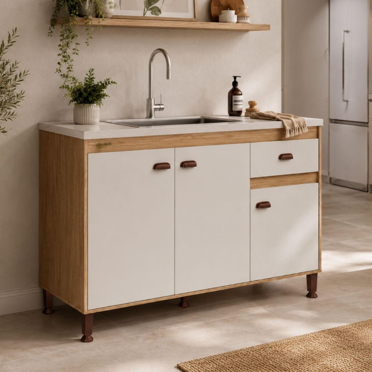 Armário Balcão de Cozinha Mel Off White 120x48x93 cm Movelbento
