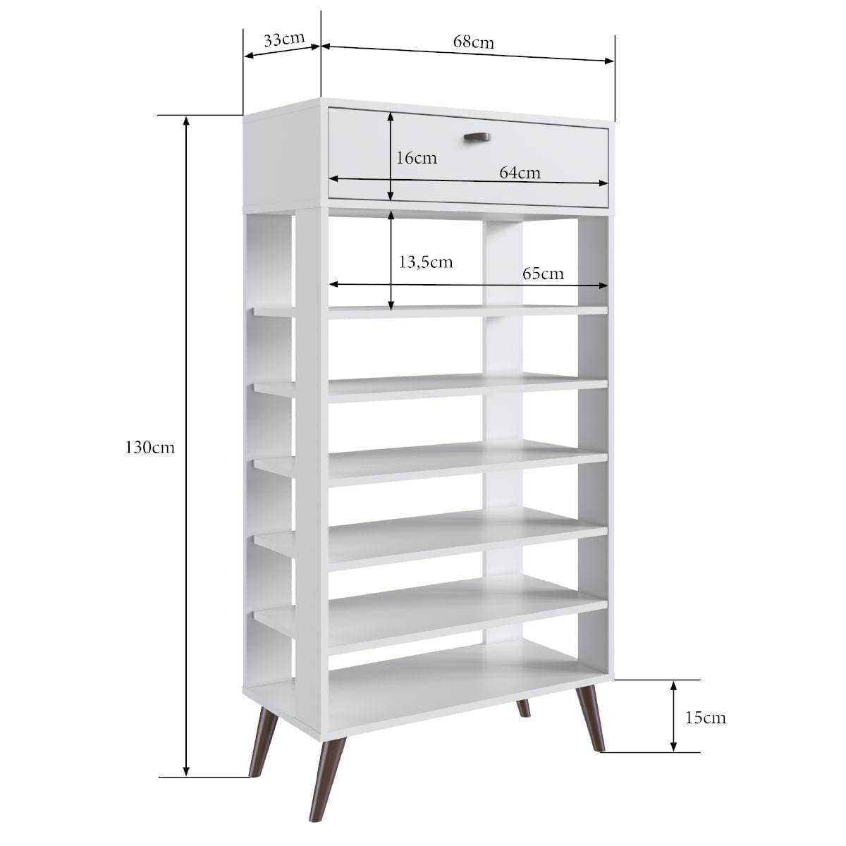 Sapateira Retrô 1 Gaveta 5 Prateleiras 130x33x68 cm Branco Completa Móveis