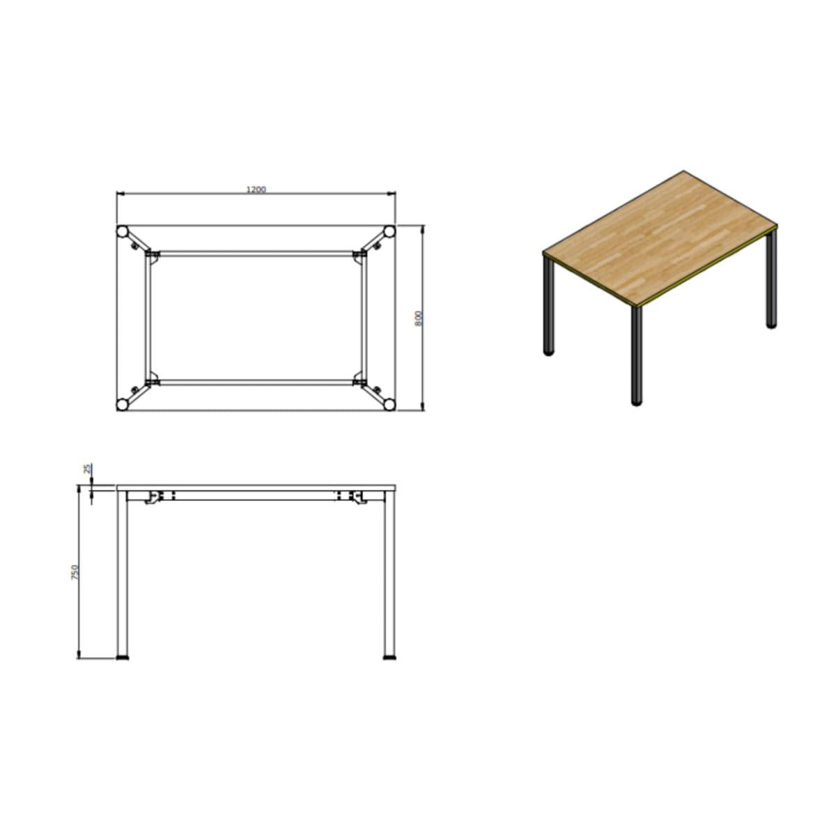 Mesa Parus 6 Lugares 120x80 cm Tampo em MDP 25mm Treviso e Pernas em Aço Preto Roal