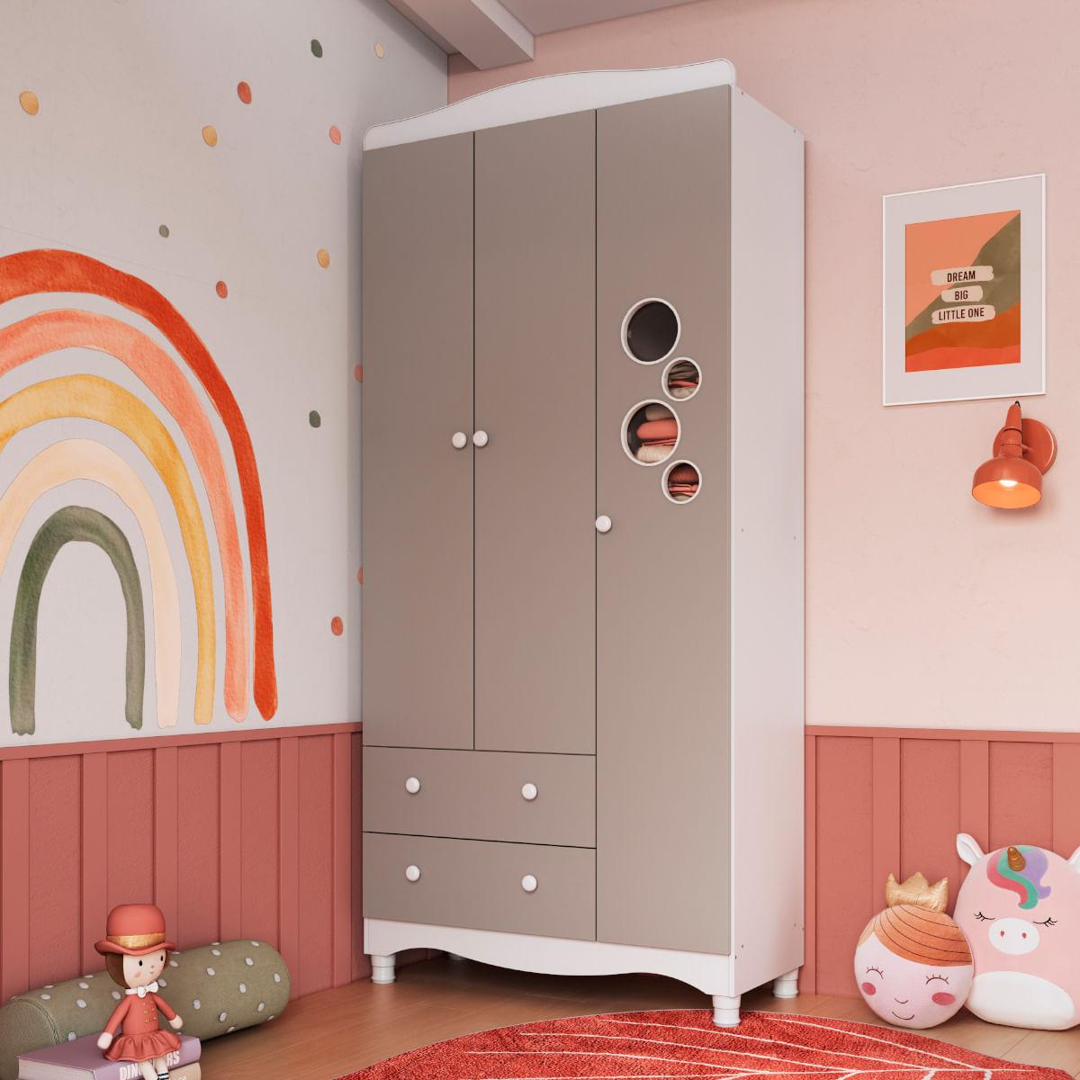 Guarda Roupas Infantil 3 Portas e 2 Gavetas 91x40x198 cm Branco e Cinnamon Completa Móveis