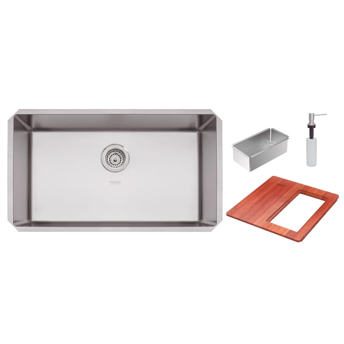 Cuba Tramontina Quadrum 70 U Undermount em Aço Inox Scotch Brite 70 x 40 cm com Dosador de Sabão, Tábua e Cesto